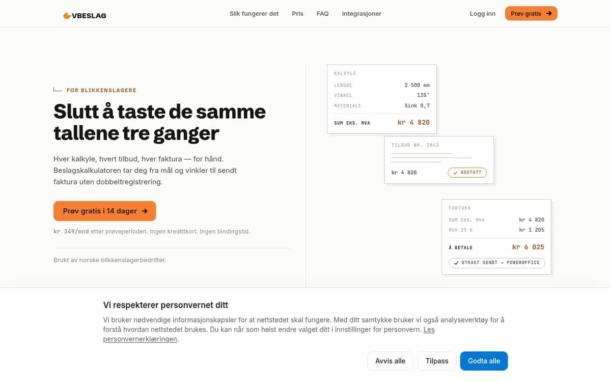 Forsiden til vbeslag.com, beslagskalkulatoren for blikkenslagere.