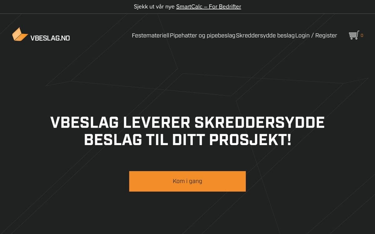 Forsiden til vbeslag.no, der beslag bestilles etter mål.